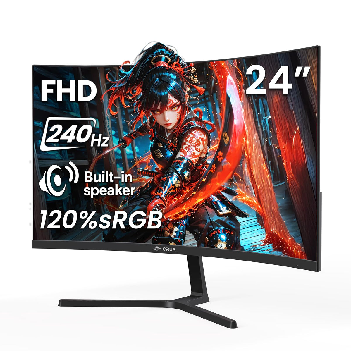 CRUA 24-inch 240Hz curved monitor side angle highlighting curved design