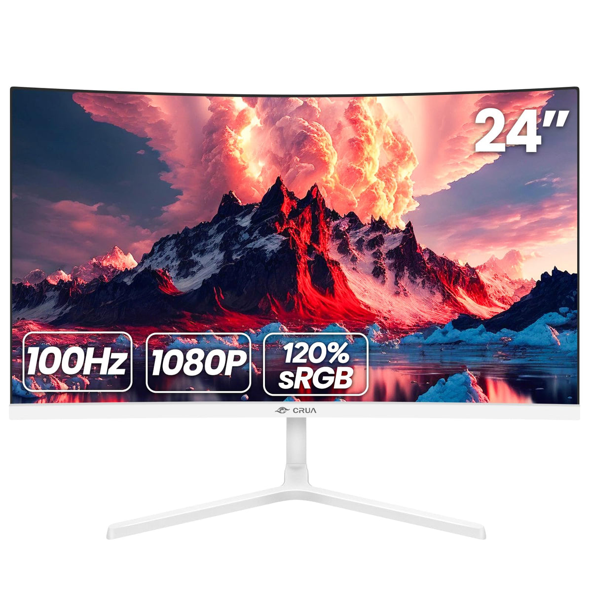 CRUA 24-inch curved monitor front view highlighting slim bezels and immersive display.