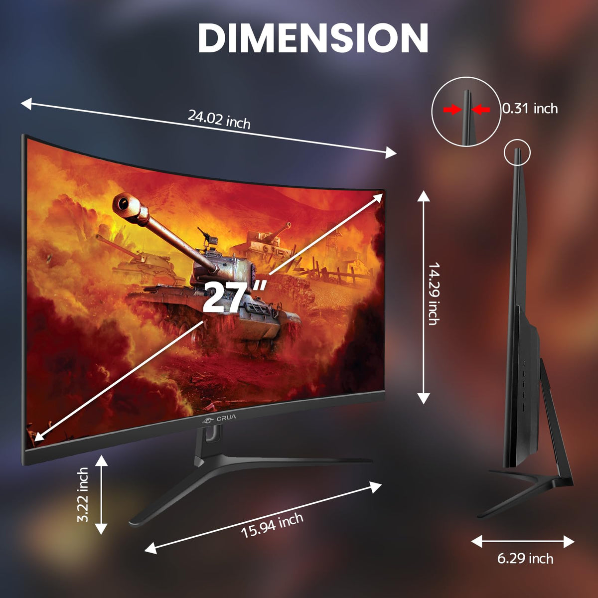 CRUA curved monitor 1800R design enhances immersive experience.