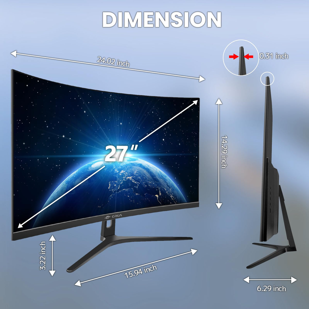 CRUA 27-inch curved monitor ergonomic base provides stable, comfortable viewing