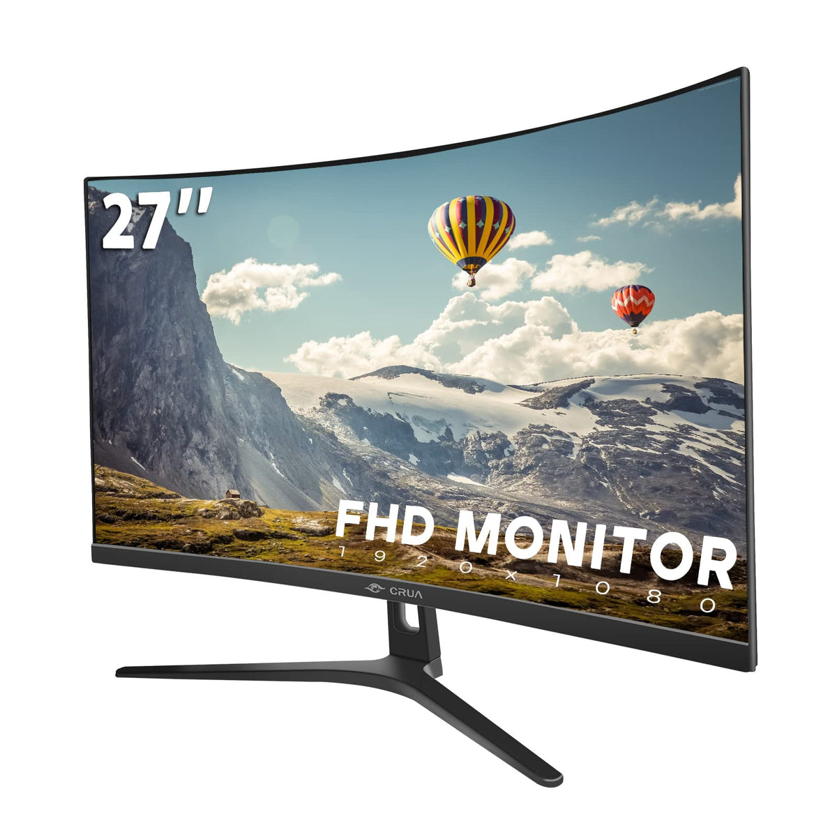CRUA 27-inch curved monitor front view with slim bezels for immersive work and gaming