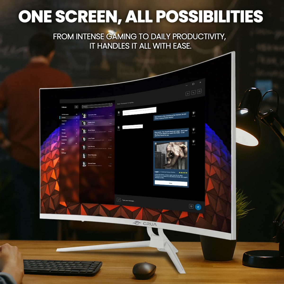 CRUA 32-inch curved monitor with RGB lighting enhances gaming desk aesthetics.