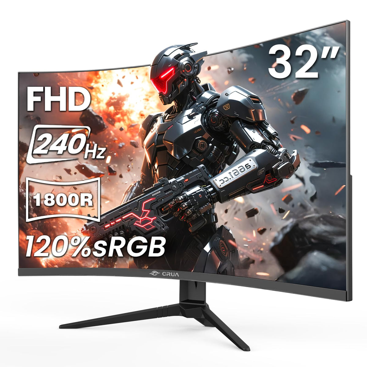 CRUA 32-inch curved gaming monitor delivers immersive viewing for gaming and streaming.