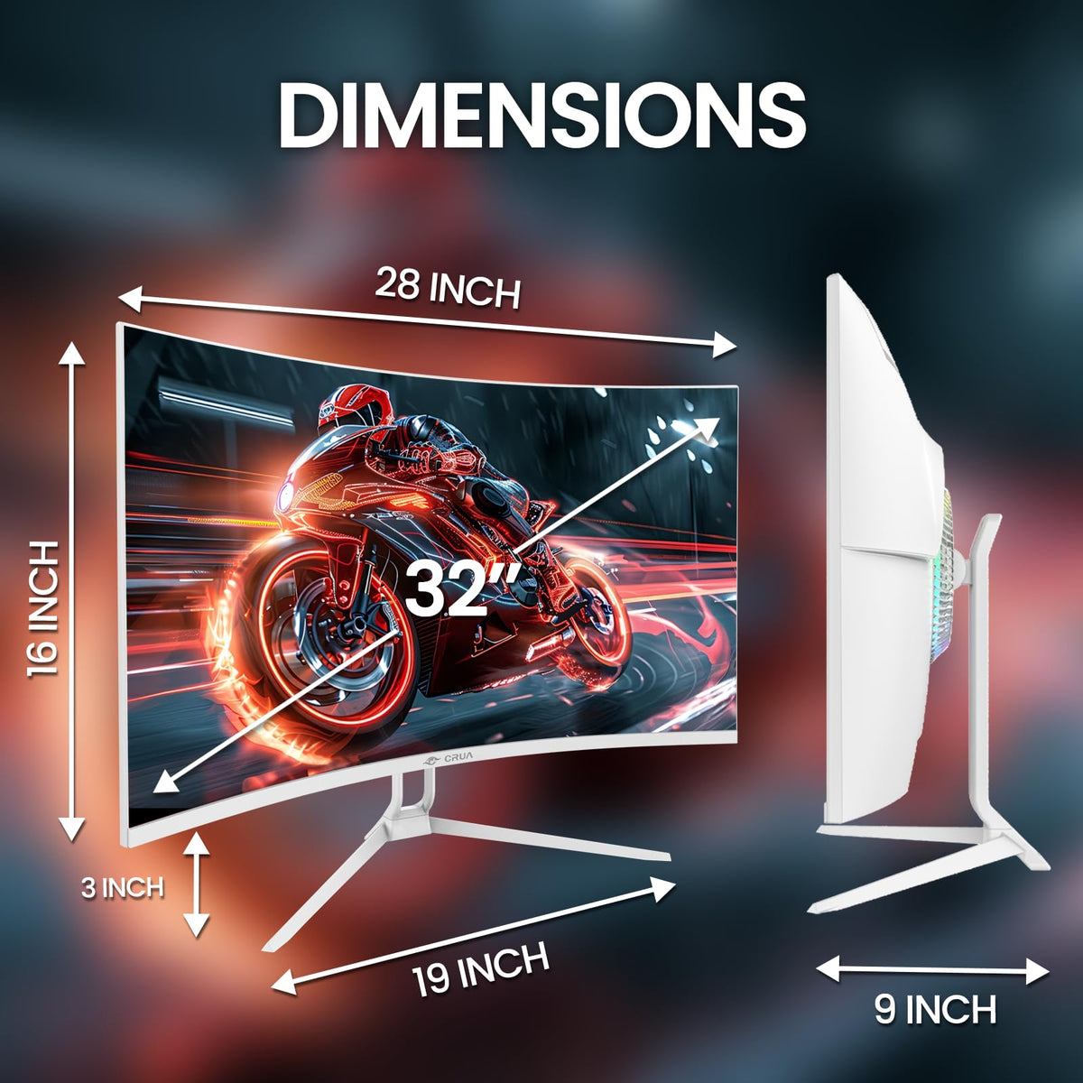 CRUA 32-inch curved monitor tilt adjustment supports comfortable viewing angles.
