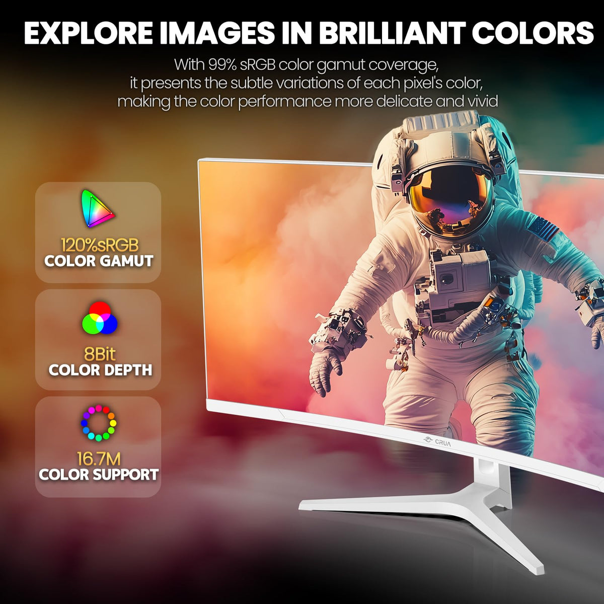 CRUA 34‑inch monitor displaying smooth action at 120 Hz for games.