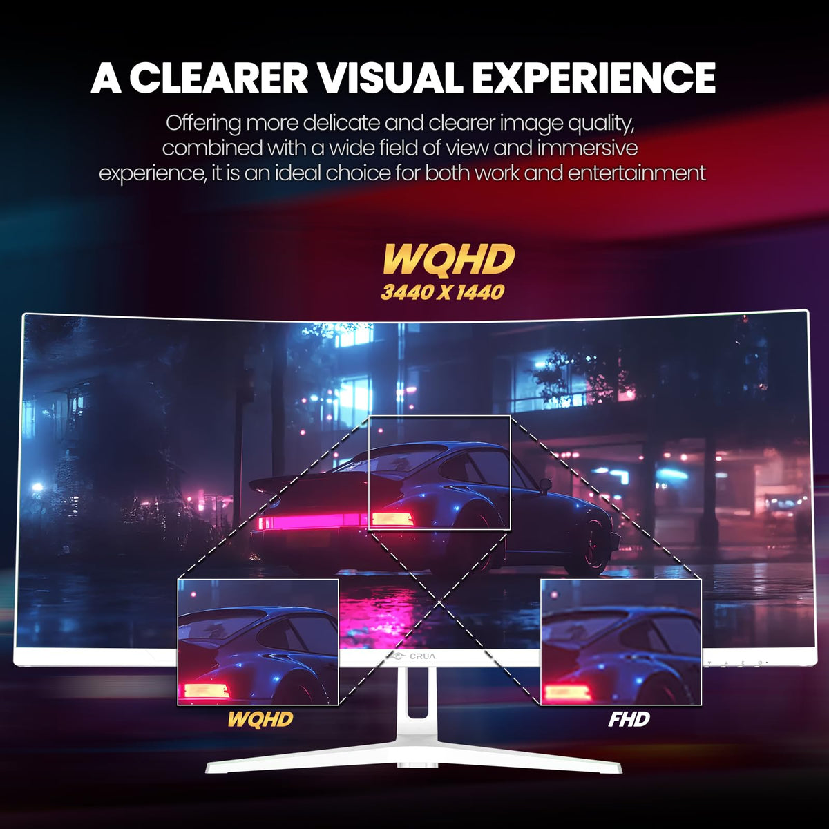 CRUA 34‑inch monitor with blue light filter to ease evening use.
