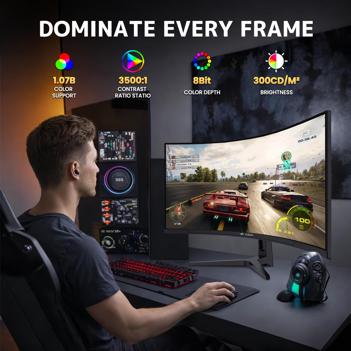 CRUA 34-inch curved monitor with built-in speakers for clutter-free desks.