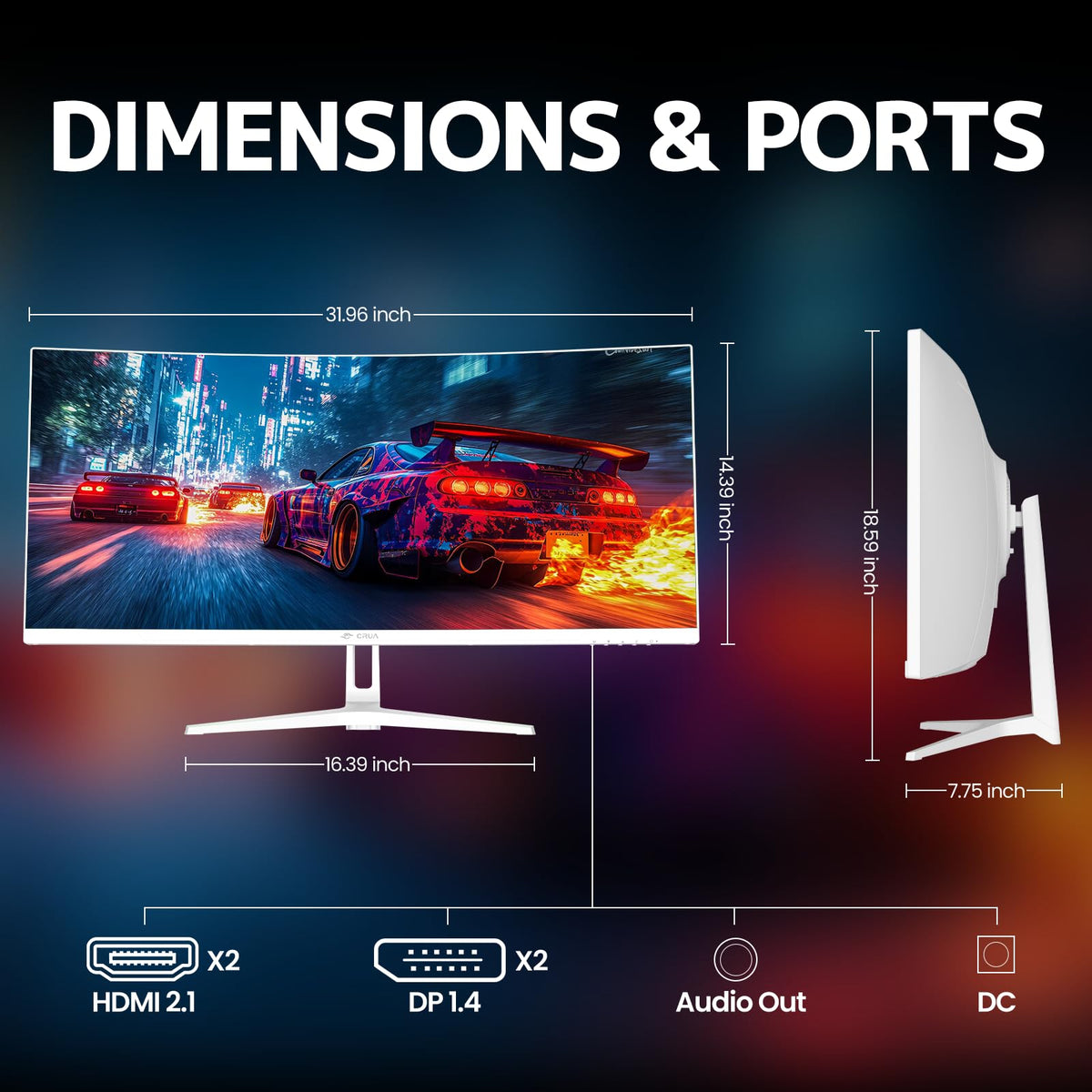 CRUA 34‑inch monitor with HDMI and DP ports for flexible setups.
