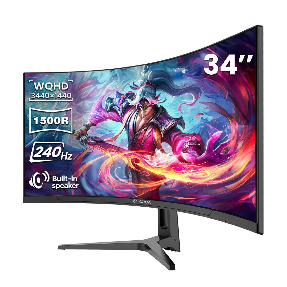 CRUA 34-inch curved monitor immersive display for gaming and multitasking.