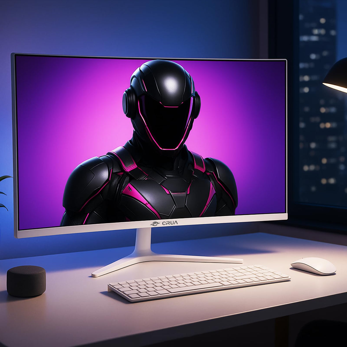CRUA 34‑inch monitor used with external audio for richer sound.