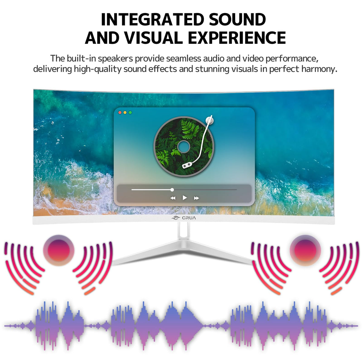 CRUA 34-inch ultrawide monitor built-in speakers simplify desk clutter.
