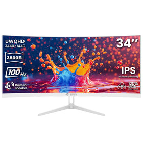 CRUA 34-inch ultrawide monitor tilt view showing ergonomic adjustment for comfortable viewing.