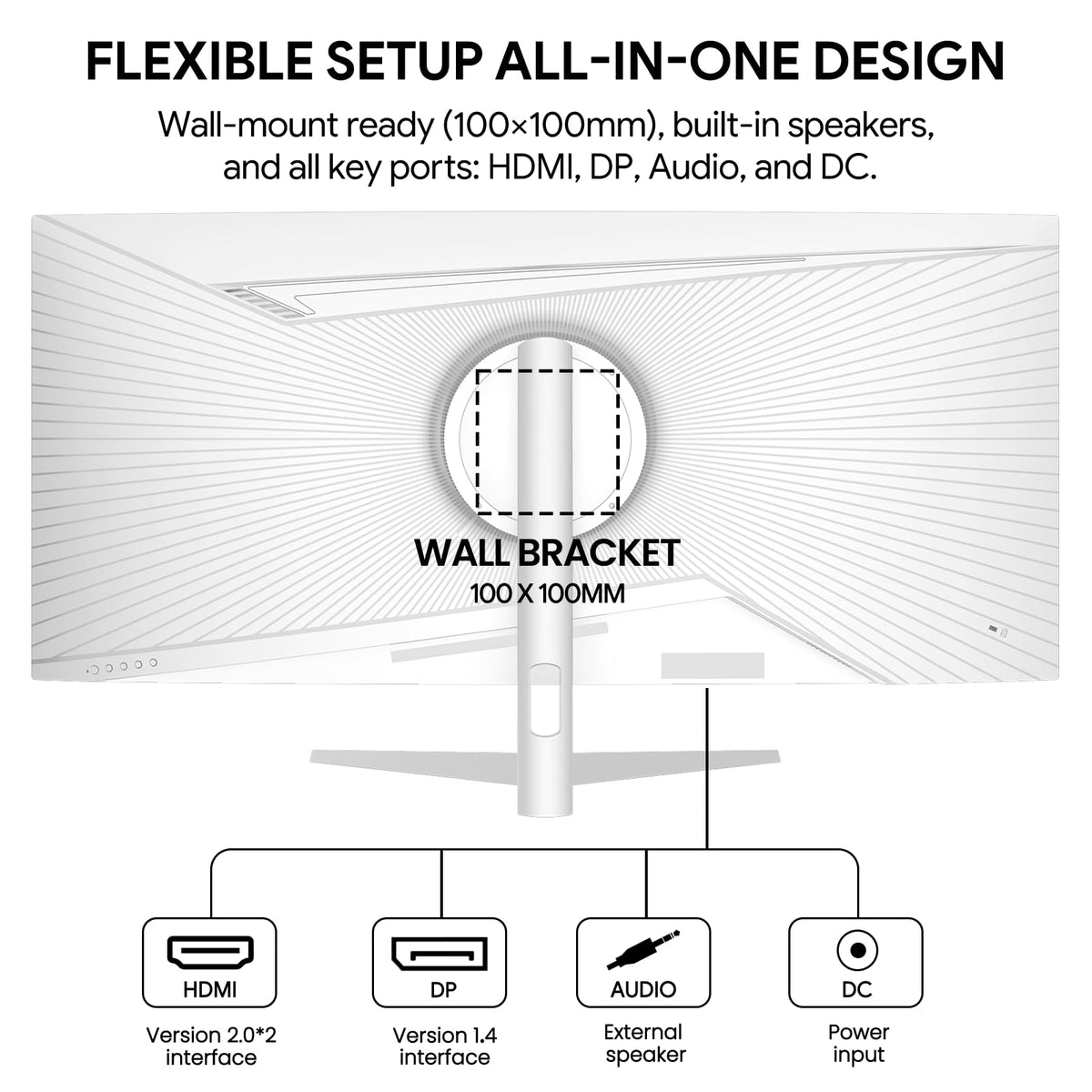 CRUA 34-inch ultrawide monitor wall-mount compatible for a clean desk setup.