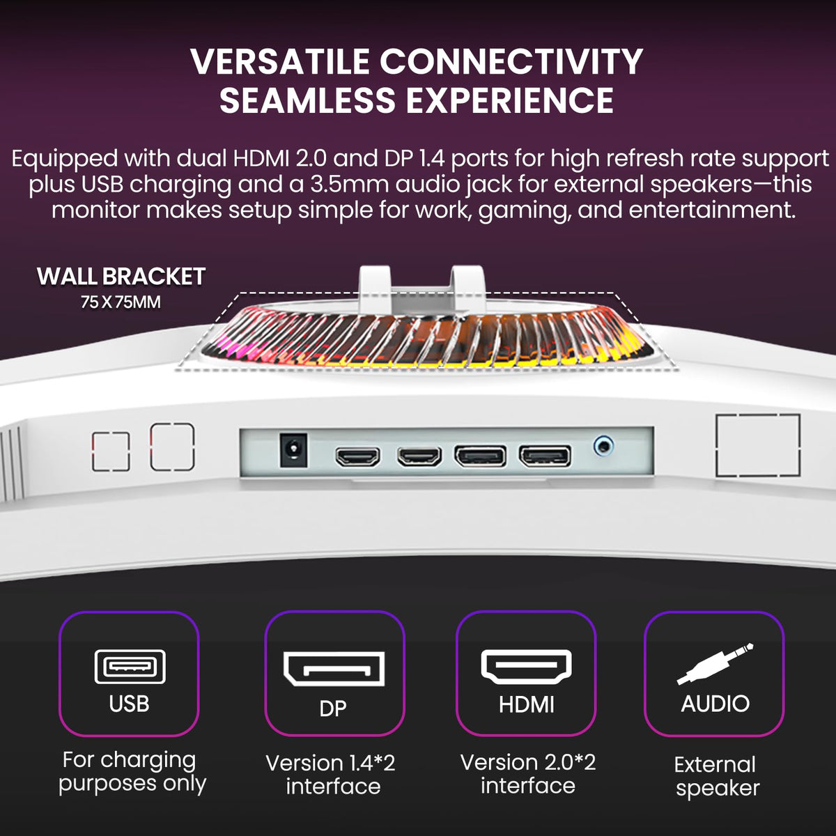 CRUA 49-inch white curved monitor HDMI 2.1 and DP 1.4 connections