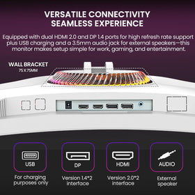 CRUA 49-inch white curved monitor HDMI 2.1 and DP 1.4 connections
