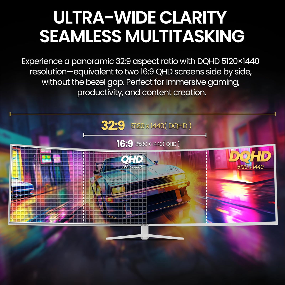 CRUA 49-inch white curved monitor wall-mount ready for tidy setups