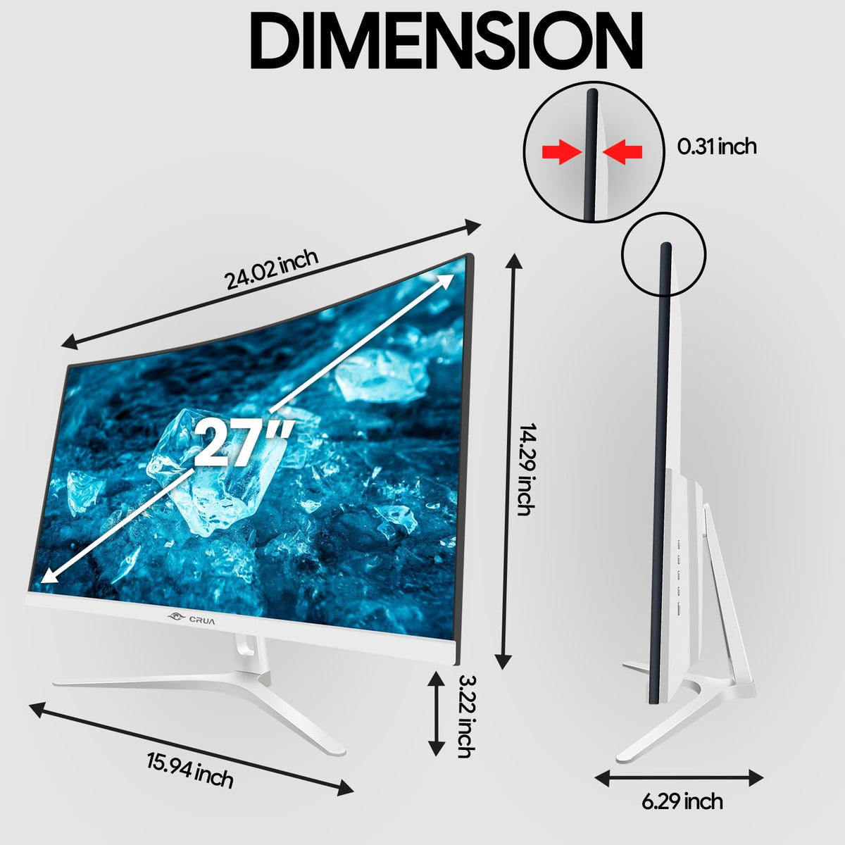CRUA monitor with tilt and wall-mount compatibility for ergonomic layouts