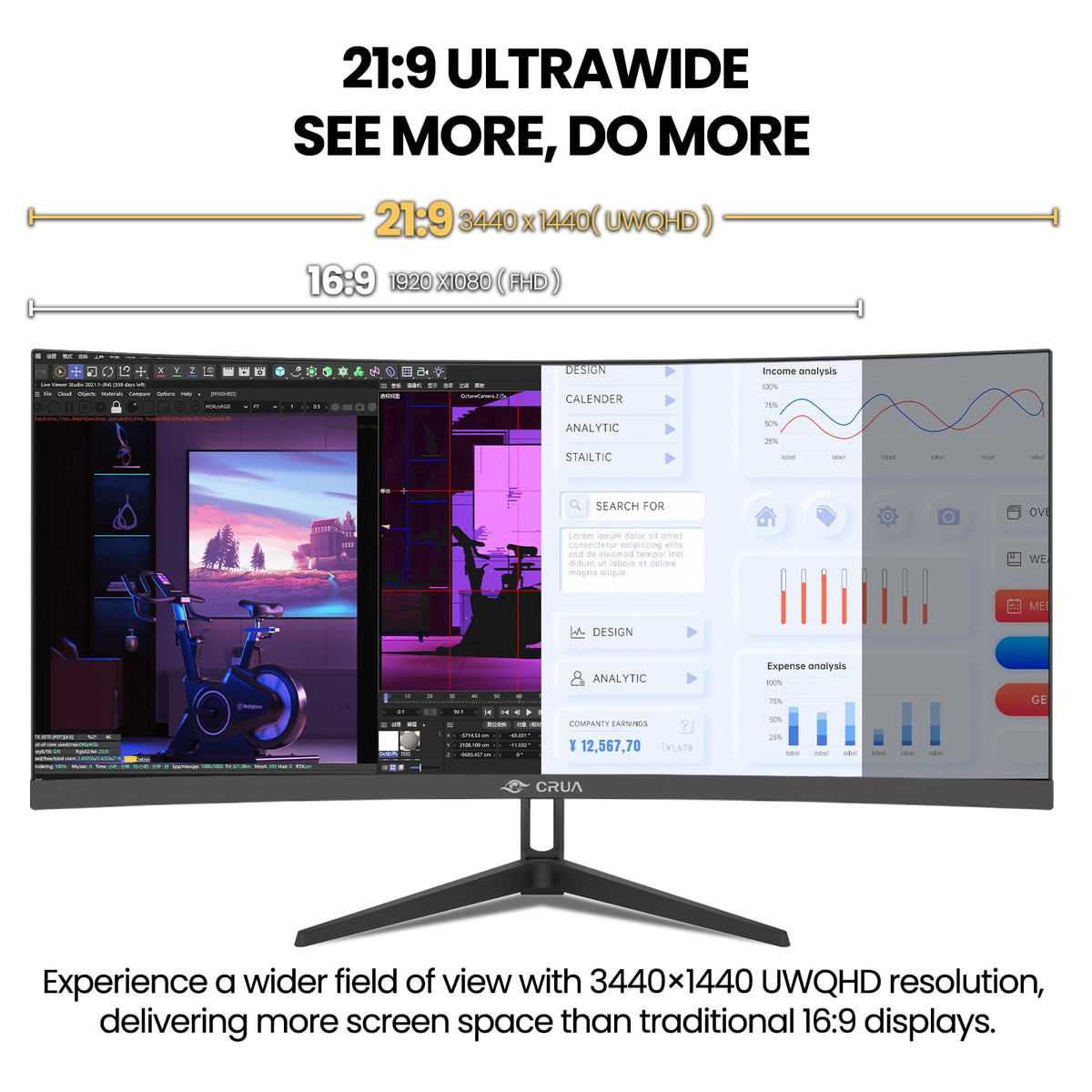 CRUA ultrawide color coverage highlighting sRGB and DCI-P3 for rich gradients.