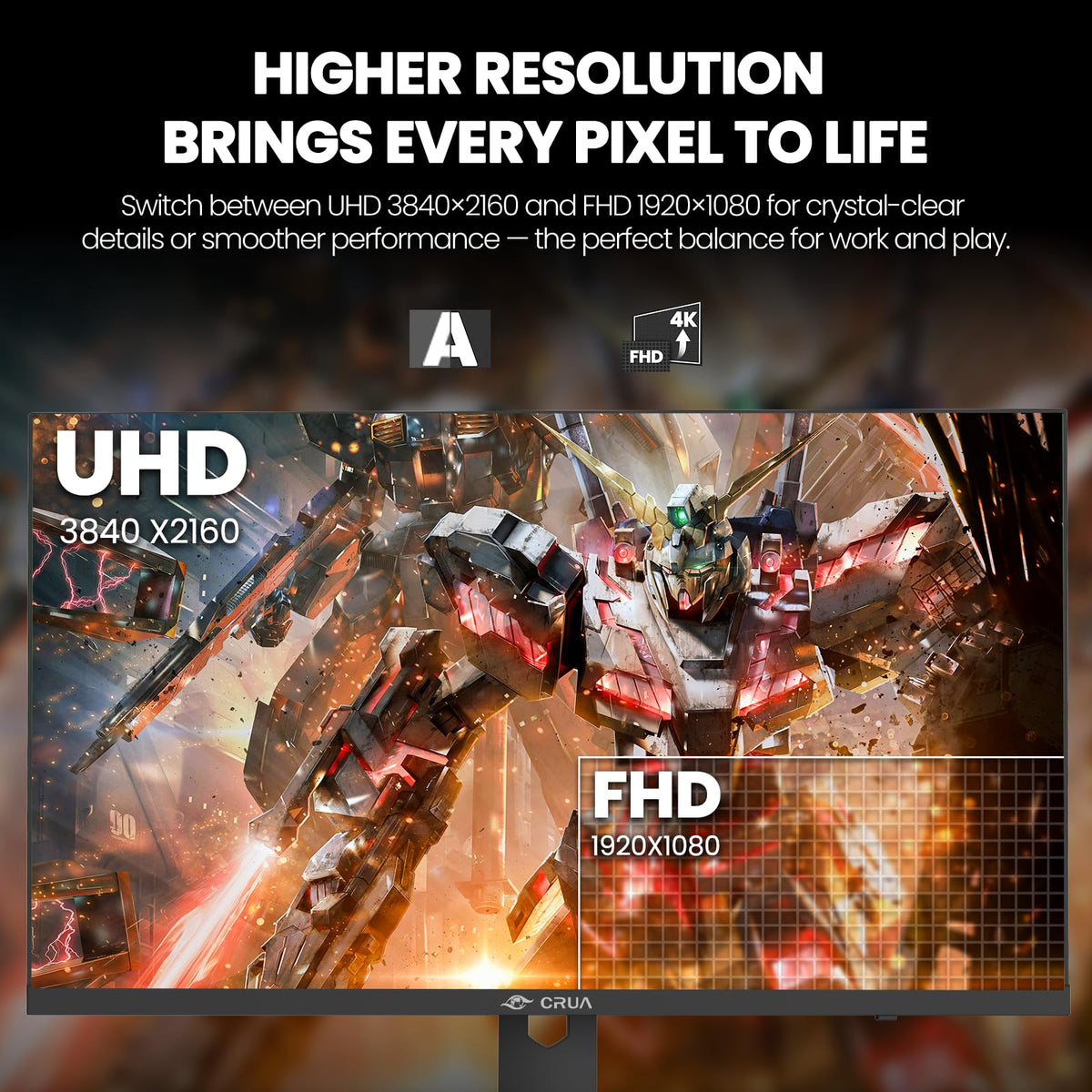 CRUA vivid color 120% sRGB rendering for lifelike scenes and vibrant gameplay.