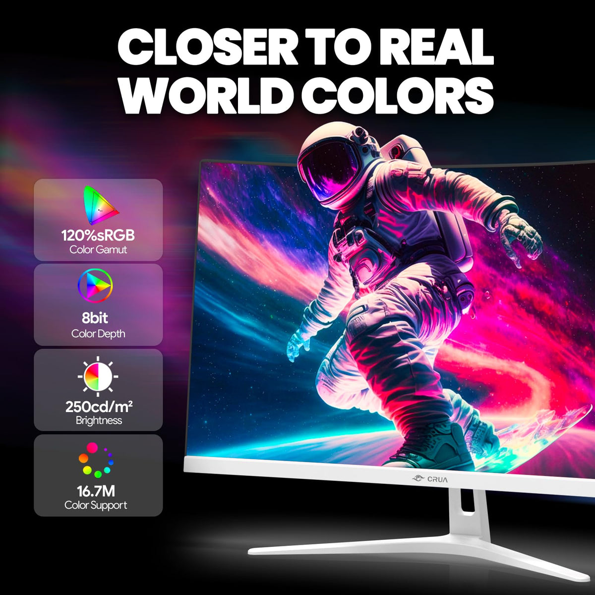 CRUA white gaming monitor fits cleanly into modern desk setups
