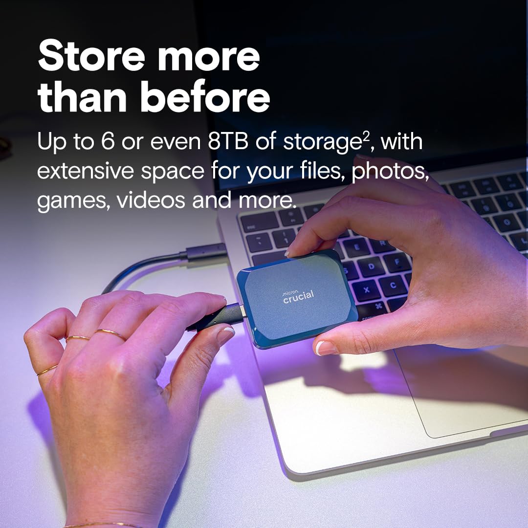 Crucial X10 6TB SSD USB-C port and slim profile enable quick transfers.