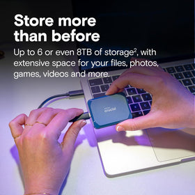 Crucial X10 6TB SSD USB-C port and slim profile enable quick transfers.