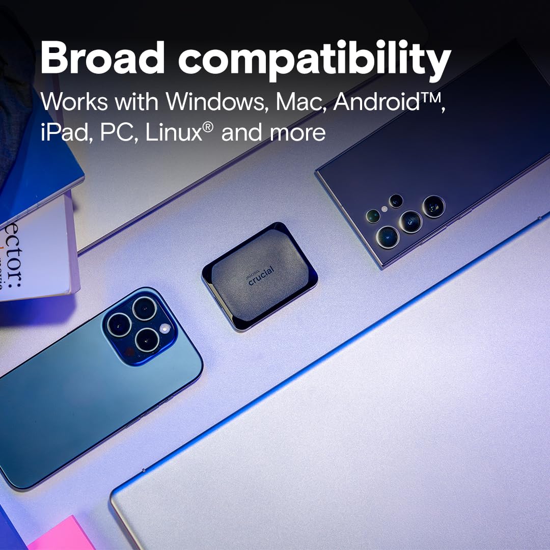 Crucial X10 USB-C compatibility enables quick transfers across Windows, Mac, Android.