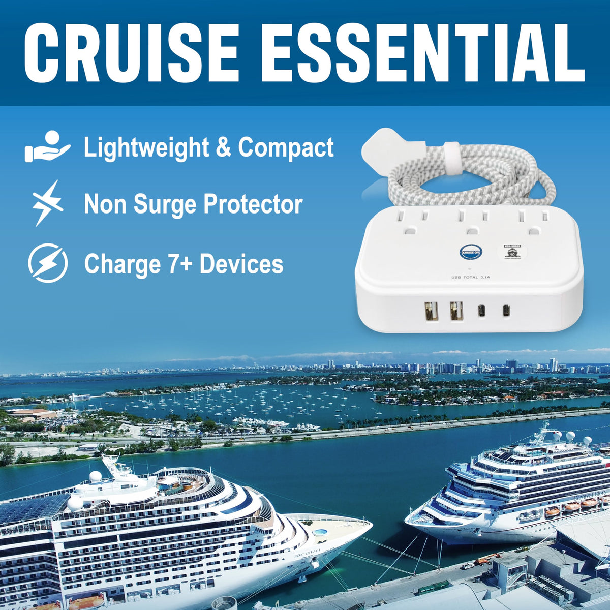 Cruise On power strip with 3.3 ft extension cable arranged under a bed.