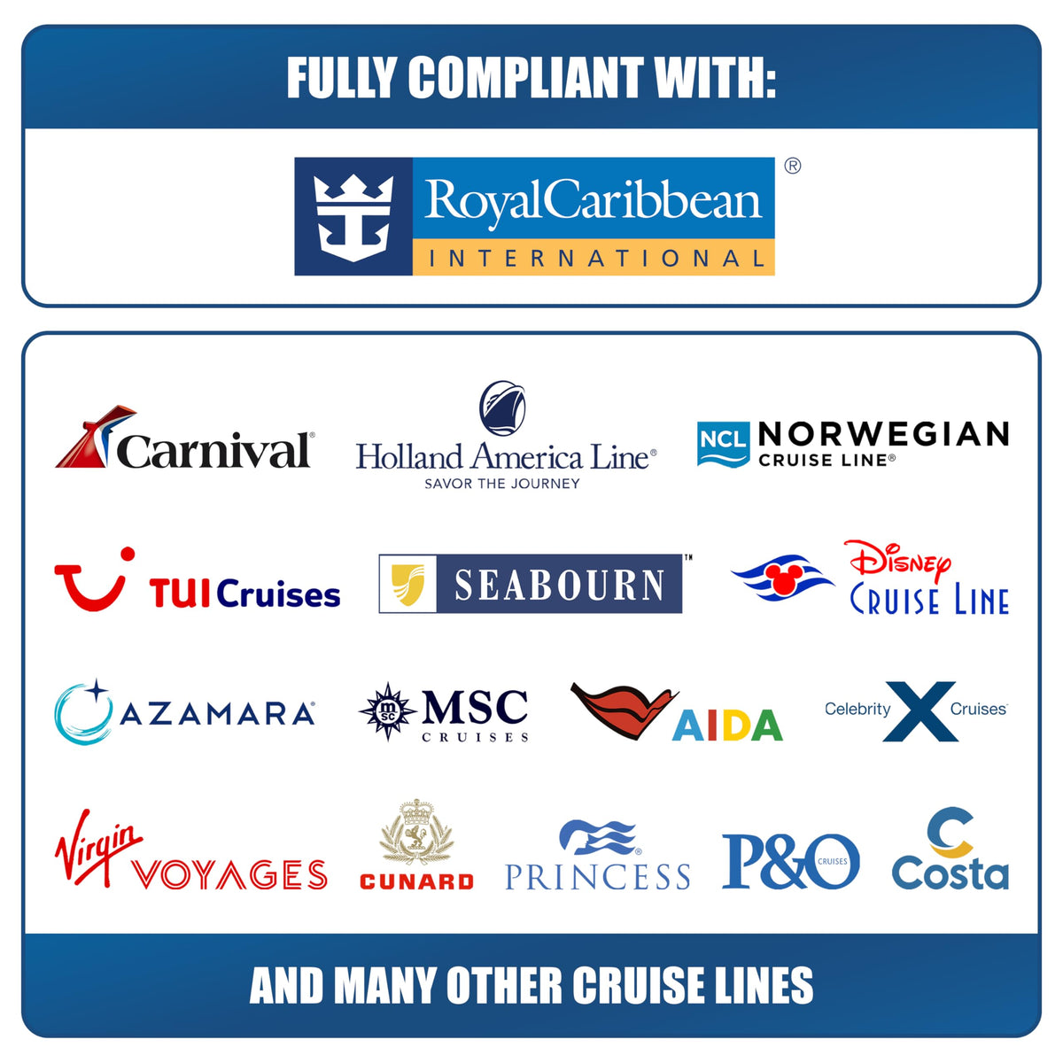 Cruise On packaging highlights compatibility with major cruise lines.