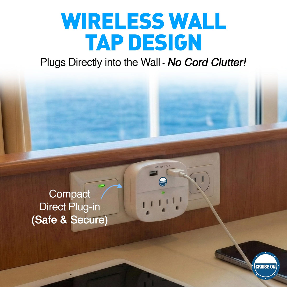 Cruise On ship-compliant power strip in a cabin setting saving space.