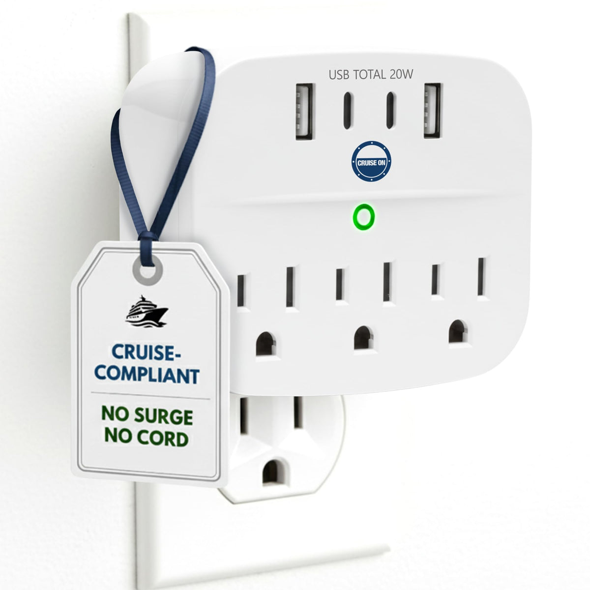 Cruise On cruise-approved non-surge power strip, front view, multi-port charging on cabin desk.