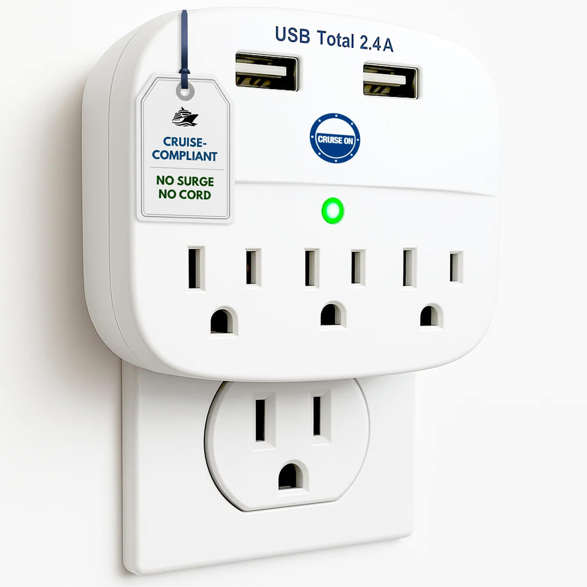 Cruise On power strip with two USB outlets and three AC outlets for onboard charging.