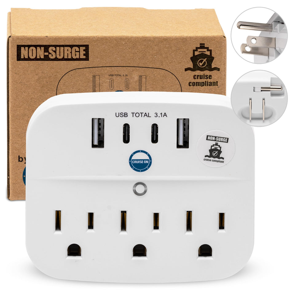 Cruise On cruise-approved power strip folded for compact packing and easy access.