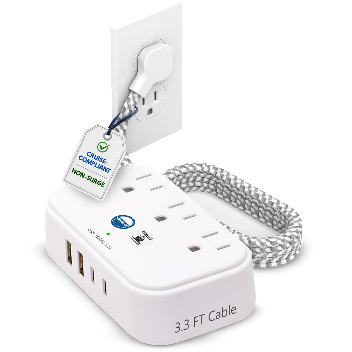 Cruise On cruise-approved power strip with USB ports on a cabin desk for easy charging.
