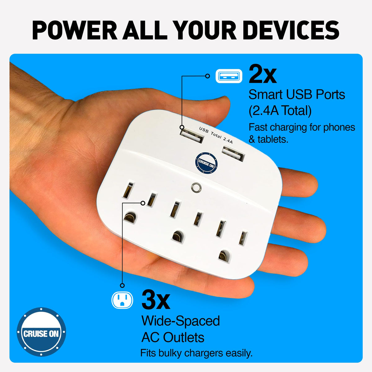 Cruise On cruise-line friendly power strip in a travel-ready setup.