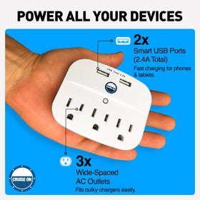 Cruise On cruise-line friendly power strip in a travel-ready setup.