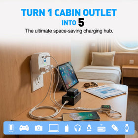 Cruise On compact travel power strip shown beside a laptop for easy packing.