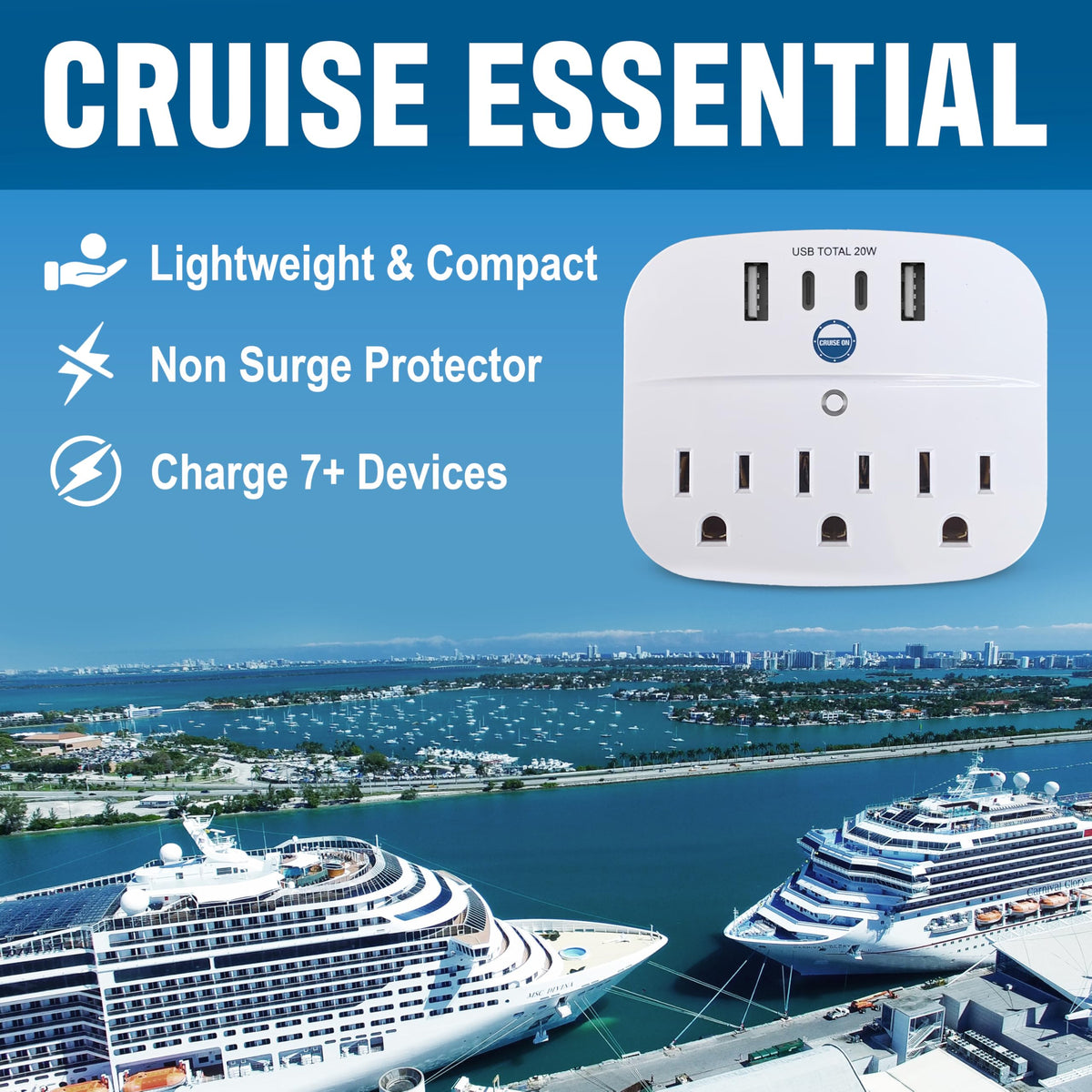 Cruise On foldable power strip with 90-degree prongs for safe travel.