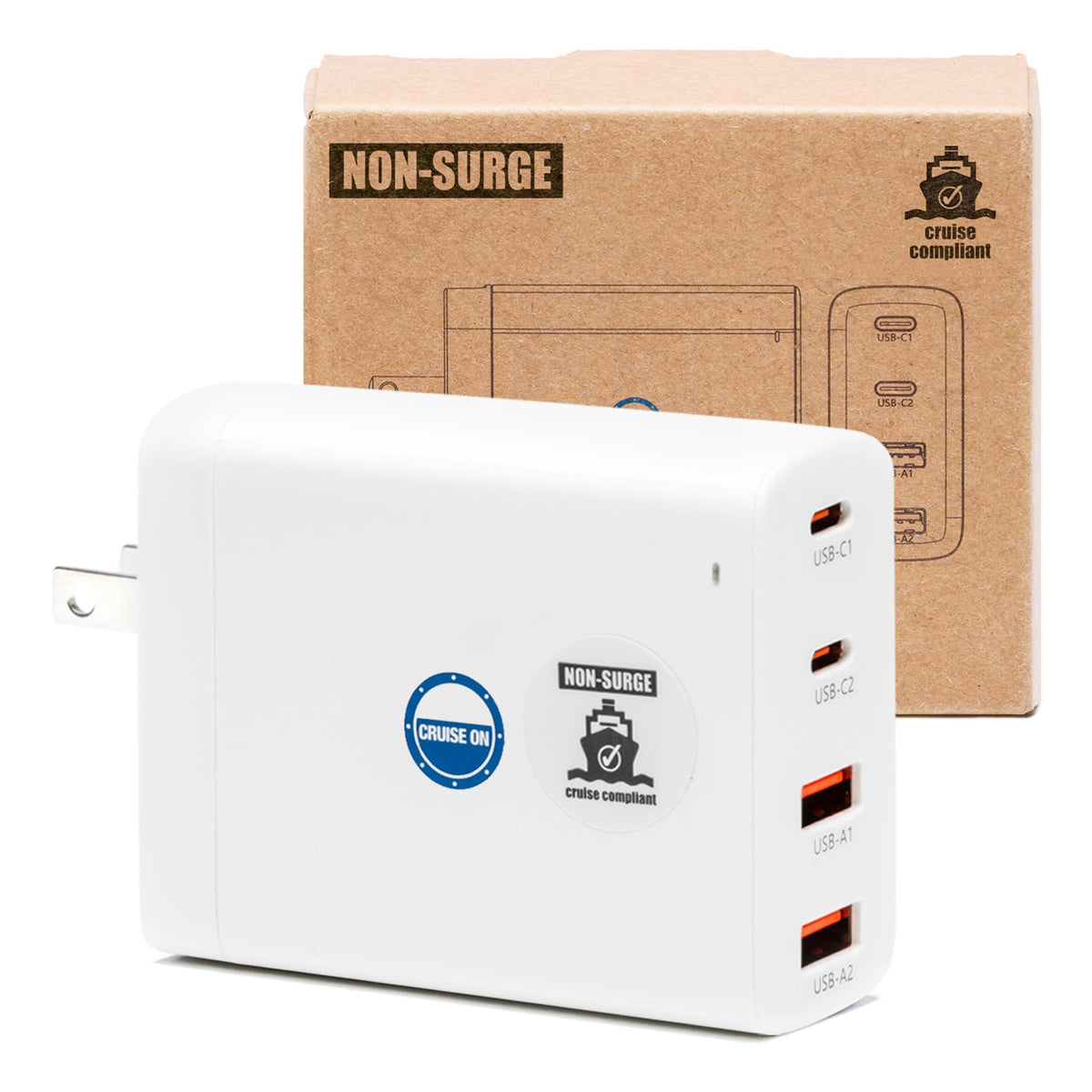 Cruise On front view of charger showing four USB ports and compact body for travel convenience