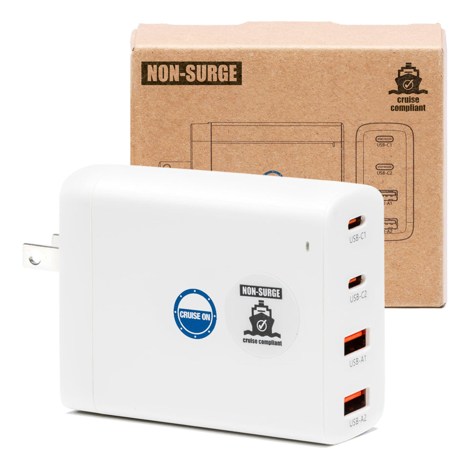 Cruise On front view of charger showing four USB ports and compact body for travel convenience