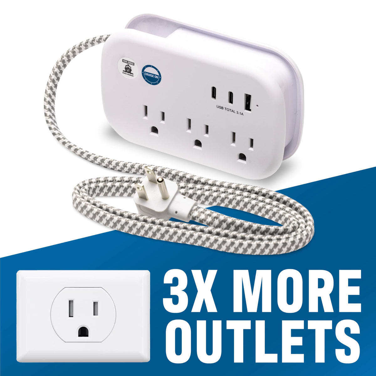 Cruise On in-cabin setup powering devices at a cruise ship cabin outlet
