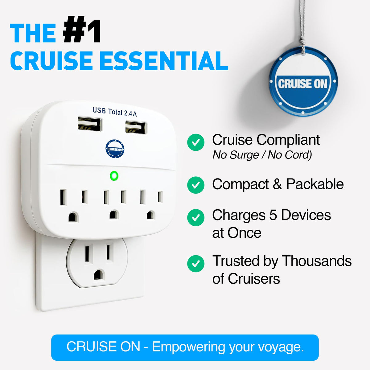 Cruise On five-device capacity shown on a nightstand in a cabin.