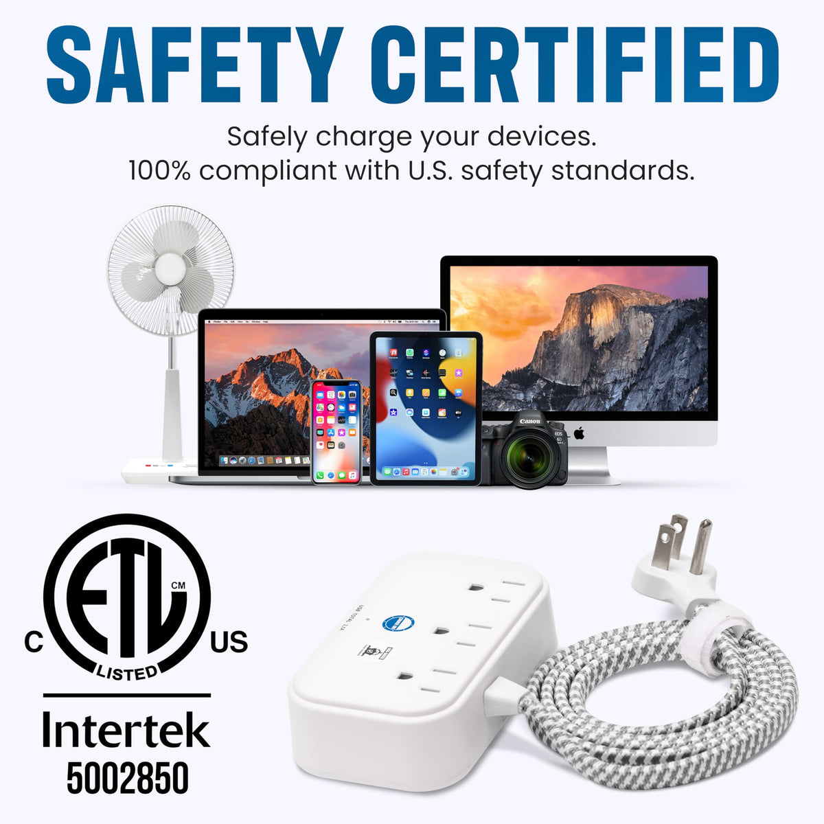 Multiple devices can be charged simultaneously via USB and AC outlets.