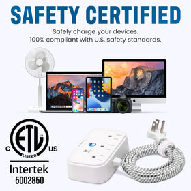 Multiple devices can be charged simultaneously via USB and AC outlets.