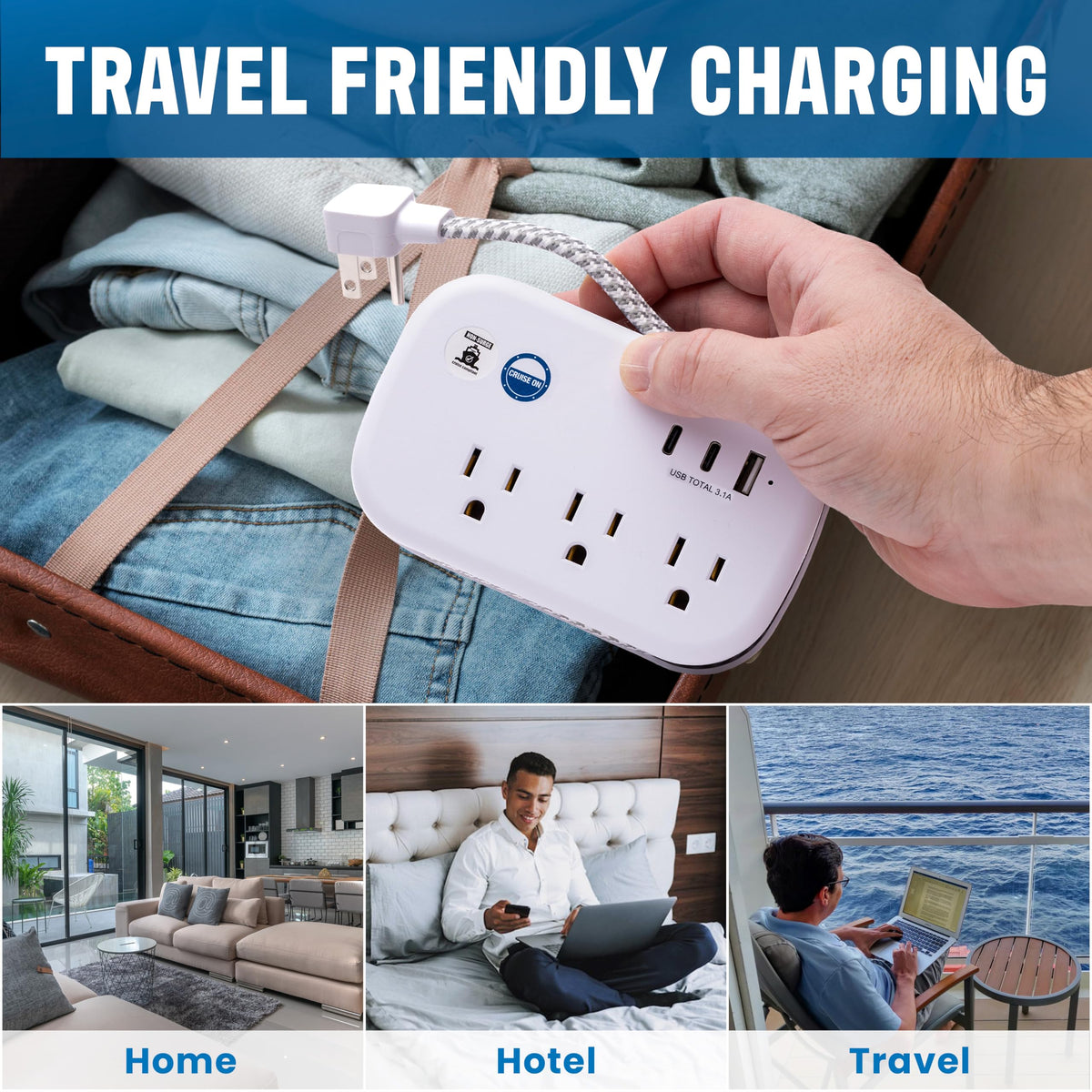 Cruise On three AC outlets top view powering multiple travel chargers
