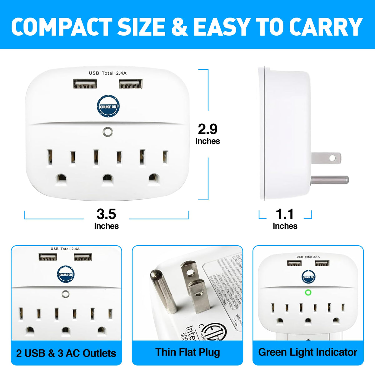 Cruise On multi-device power strip powering phone, camera, and smartwatch.