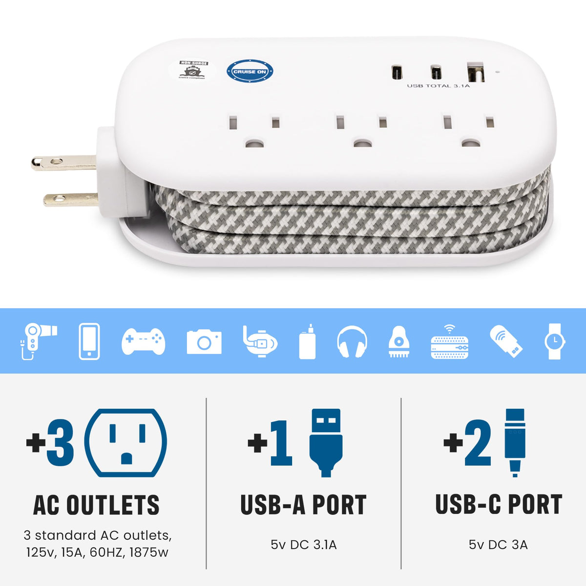 Cruise On wrapped cord stored neatly for easy packing and transport