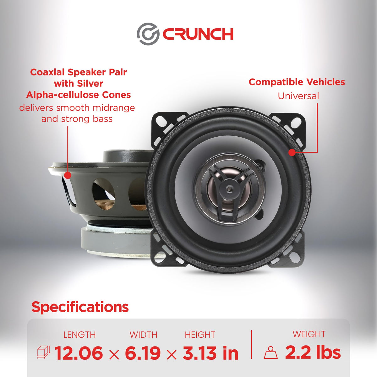 Crunch CS4CX rubber surround close-up illustrating moisture resistance and mid-bass impact