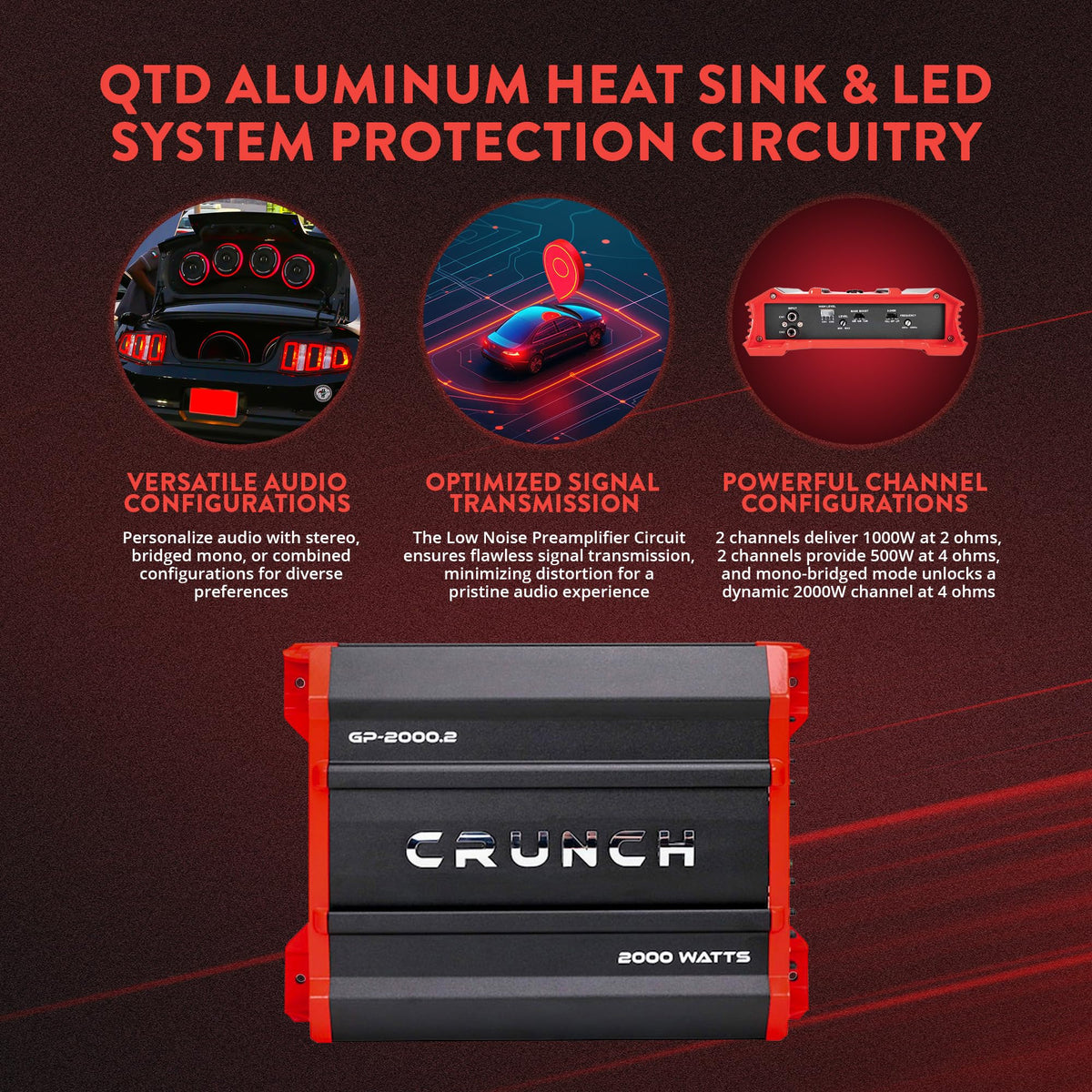 Crunch GP-2000-2 stereo mode provides clean two-channel power for speakers.