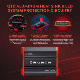 Crunch GP-2000-2 stereo mode provides clean two-channel power for speakers.